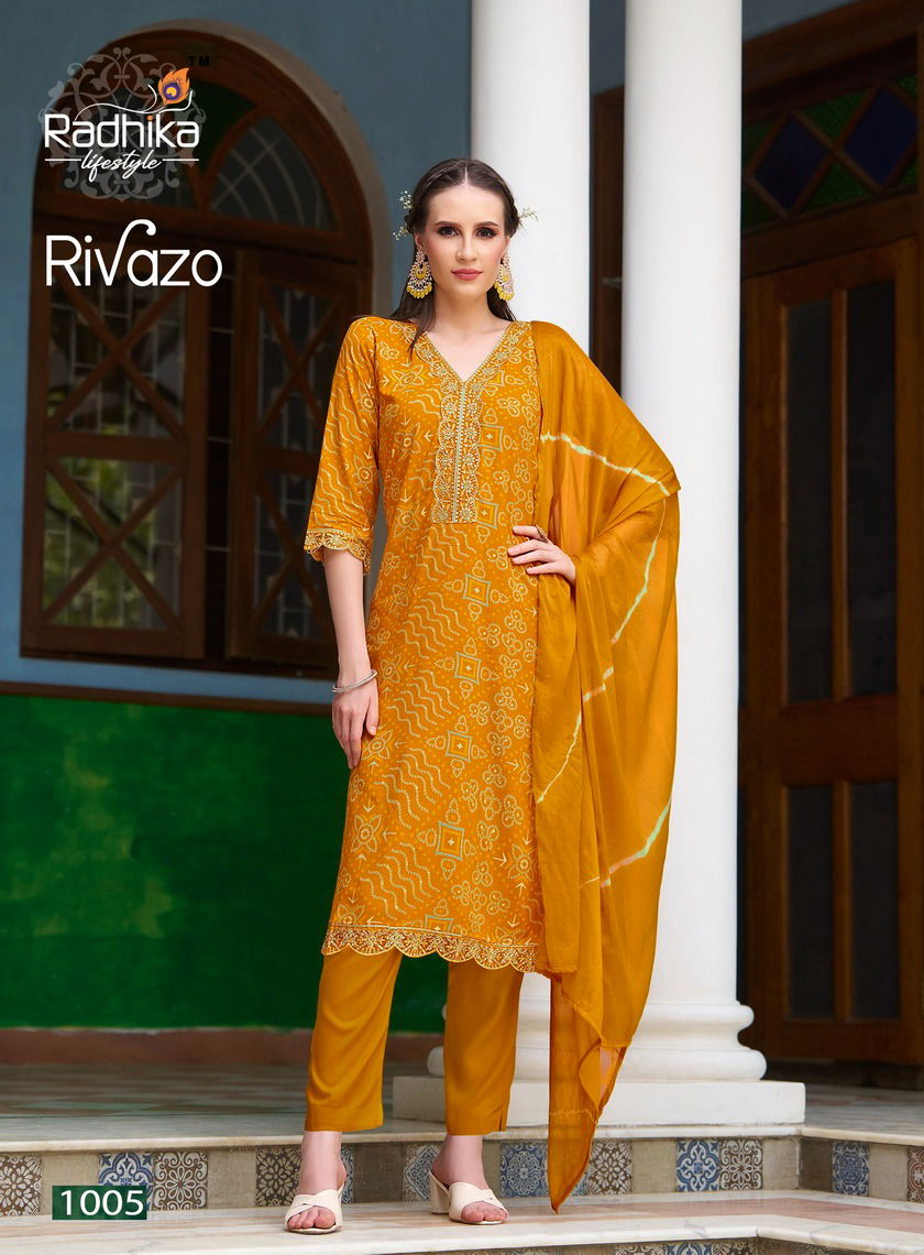 Rivazo Vol 1 By Radhika Rayon Embroidery Kurti With Bottom Dupatta Wholesale Online

